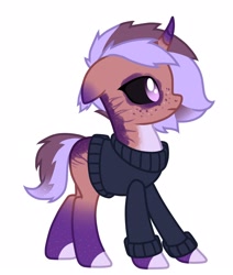 Size: 1400x1650 | Tagged: safe, artist:inarimayer, derpibooru import, oc, oc only, pony, unicorn, black sclera, clothes, colored hooves, freckles, horn, simple background, solo, unicorn oc, white background