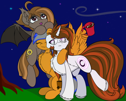 Size: 2685x2160 | Tagged: safe, artist:beigedraws, derpibooru import, oc, oc:sierra, oc:umber, oc:winter, bat pony, pegasus, unicorn, coffee, coffee mug, group, group hug, hug, mug