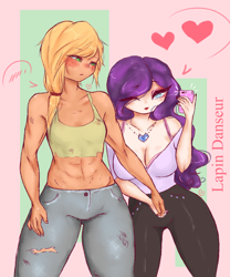 Size: 2024x2429 | Tagged: safe, artist:lapindanseur, derpibooru import, applejack, rarity, equestria girls, abs, blushing, breasts, cleavage, clothes, female, heart, high res, holding hands, lesbian, rarijack, raritits, selfie, shipping