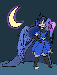 Size: 1668x2224 | Tagged: safe, artist:carconutty, derpibooru import, nightmare moon, princess luna, human, belt, boots, cape, clothes, crescent moon, female, gloves, grin, humanized, jewelry, levitation, magic, moon, regalia, sharp teeth, shoes, smiling, solo, teeth, telekinesis, winged humanization, wings