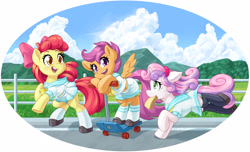 Size: 2634x1600 | Tagged: safe, artist:dstears, derpibooru import, apple bloom, scootaloo, sweetie belle, earth pony, pegasus, pony, unicorn, anime, bread, clothes, cutie mark crusaders, food, open mouth, running, sailor uniform, schoolgirl toast, stockings, sweat, sweatdrop, thigh highs, toast, uniform, zettai ryouiki