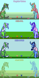 Size: 512x1024 | Tagged: safe, artist:derek the metagamer, derpibooru import, ocellus, oc, changedling, changeling, changeling queen, dragon, aseprite, atari 2600, canon x oc, changeling oc, clothes, dragoning, female, golf, golf club, nintendo entertainment system, older, older ocellus, outdoors, pixel art, shirt, sports, wings