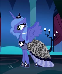 Size: 3000x3532 | Tagged: safe, artist:sarahthefox97, derpibooru import, princess luna, alicorn, pony, clothes, dress, female, s1 luna, solo