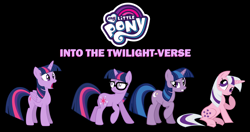 Size: 2905x1532 | Tagged: safe, artist:caliazian, artist:lauren faust, artist:pika-robo, artist:quanno3, artist:sketchmcreations, derpibooru import, sci-twi, twilight, twilight (g1), twilight sparkle, twilight sparkle (alicorn), twilight twinkle, unicorn twilight, alicorn, pony, unicorn, equestria girls, g1, 2009, black background, concerned, equestria girls ponified, female, g1 to g4, generation leap, glasses, logo, mare, multiverse, my little pony logo, open mouth, original design, parody, ponified, raised eyebrow, shocked, show bible, simple background, sitting, smiling, speechless, spider-man: into the spider-verse, tail, thinking, two toned mane, two toned tail, unicorn sci-twi