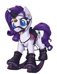 Size: 916x1200 | Tagged: safe, artist:gor1ck, derpibooru import, rarity, pony, unicorn, bell, bit gag, bondage, bound and gagged, femsub, gag, harness, magic suppression, rarisub, rocking horse, rocking horse bondage, saddle, simple background, solo, submissive, tack, white background