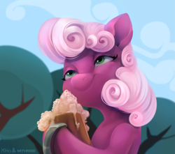 Size: 3337x2955 | Tagged: safe, artist:khvorost162, derpibooru import, cheerilee, earth pony, pony, the super speedy cider squeezy 6000, cider, faic, female, high res, mare, mug, scene interpretation, smiling, solo, tree