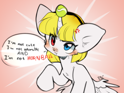 Size: 1280x968 | Tagged: safe, artist:pledus, derpibooru import, oc, oc only, alicorn, pony, alicorn oc, ball, blushing, commission, cross-popping veins, female, heterochromia, horn, hornball, i'm not cute, scrunchy face, solo, tennis ball, wings, ych result