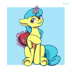 Size: 1500x1500 | Tagged: safe, artist:koa, derpibooru import, lemon hearts, pony, unicorn, blushing, box of chocolates, februpony, female, holiday, magic, mare, smiling, solo, telekinesis, valentine's day