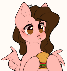 Size: 1271x1355 | Tagged: safe, artist:pledus, derpibooru import, oc, oc only, pegasus, pony, burger, commission, eating, female, food, hamburger, hoof hold, meat, pegasus oc, ponies eating meat, simple background, solo, spread wings, white background, wings, ych result, your character here