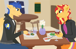 Size: 1000x650 | Tagged: safe, artist:arcticleapordfrost, derpibooru import, flash sentry, sunset shimmer, anthro, female, flashimmer, male, shipping, straight