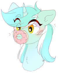 Size: 1280x1568 | Tagged: safe, artist:pledus, derpibooru import, lyra heartstrings, pony, unicorn, blushing, bust, chest fluff, cute, donut, donutsnootle, eye clipping through hair, eyebrows, eyebrows visible through hair, female, food, lyrabetes, mare, portrait, silly, silly pony, simple background, snoot, solo, white background