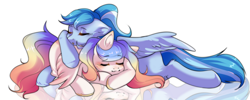 Size: 1280x511 | Tagged: safe, artist:pledus, derpibooru import, oc, oc only, pegasus, pony, blushing, commission, cuddling, cute, duo, female, pegasus oc, sleeping, ych result