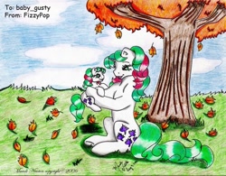 Size: 769x600 | Tagged: safe, artist:sassylilpanda, derpibooru import, baby gusty, gusty, unicorn, g1, baby gustybetes, female, gustybetes, leaves, mother and child, mother and daughter, parent and child, traditional art, tree