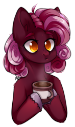 Size: 1130x1924 | Tagged: safe, artist:pledus, derpibooru import, oc, oc only, earth pony, pony, coffee, commission, earth pony oc, female, hoof hold, simple background, solo, white background, ych result