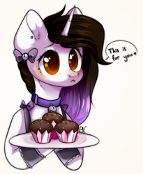 Size: 1239x1509 | Tagged: safe, artist:pledus, derpibooru import, oc, oc only, pony, unicorn, bell, bell collar, blushing, choker, clothes, collar, commission, cupcake, female, food, hoof hold, horn, maid, plate, simple background, solo, speech bubble, unicorn oc, ych result