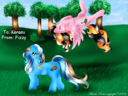 Size: 1024x768 | Tagged: safe, artist:sassylilpanda, derpibooru import, oc, oc only, oc:bubbly pie, oc:karasu, earth pony, pegasus, g1, female, tree