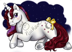 Size: 1200x864 | Tagged: source needed, safe, artist:kinked, derpibooru import, moondancer (g1), unicorn, g1, bow, female, solo, tail, tail bow