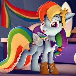 Size: 2160x2160 | Tagged: safe, artist:psfmer, derpibooru import, rainbow dash, pegasus, pony, 3d, :p, accessories, alternate hairstyle, bed, clothes, dress, female, gala dress, hair accessory, high res, mare, rainbow dash always dresses in style, rainbow dash's house, shoes, solo, source filmmaker, tongue, tongue out, wings