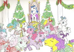 Size: 1167x827 | Tagged: safe, artist:foxspotted, derpibooru import, majesty, princess primrose, princess royal blue, princess serena, princess sparkle, princess starburst, princess tiffany, earth pony, pegasus, unicorn, g1, christmas, christmas tree, dancing, female, holiday, princess misty, princess pristina, princess sunbeam, traditional art, tree, twelve days of christmas
