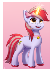 Size: 1480x2000 | Tagged: safe, artist:luminousdazzle, derpibooru import, oc, oc only, oc:cinnamon lightning, pony, unicorn, bell, bell collar, bow, collar, commission, cutie mark, excited, gradient background, hair bow, horn, lightning, looking up, magic, male, open mouth, open smile, simple background, smiling, solo, stallion, unicorn oc, unshorn fetlocks
