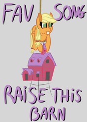 Size: 2508x3541 | Tagged: safe, artist:justapone, derpibooru import, applejack, earth pony, pony, barn, colored sketch, februpony, female, hatless, holding, mare, missing accessory, missing cutie mark, no cutie marks because im lazy, raise this barn, rope, smiling, solo, suspended