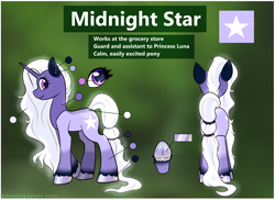 Size: 2584x1879 | Tagged: safe, artist:cornelia_nelson, derpibooru import, edit, oc, oc only, oc:midnightstar, pony, unicorn, cute, cutie mark, horn, intersex, long hair, long mane, long tail, reference sheet, tail, unicorn oc