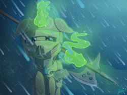 Size: 4000x3000 | Tagged: safe, artist:flaremoon, derpibooru import, oc, oc:mercury haze, pony, unicorn, armor, female, guardsmare, halberd, magic, mare, rain, royal guard, telekinesis, weapon