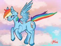 Size: 2160x1620 | Tagged: safe, artist:v-nuz, derpibooru import, rainbow dash, pegasus, pony, female, flying, mare, smiling, smirk, solo, spread wings, wings