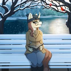 Size: 2000x2000 | Tagged: safe, artist:kennzeichen, oc, oc only, oc:céline actias, anthro, bird, cardinal, unguligrade anthro, unicorn, anthro oc, beanie, bench, book, clothes, coat, commission, digital art, female, freckles, glasses, hat, horn, lake, looking at something, mare, open mouth, open smile, pants, park bench, sitting, smiling, snow, solo, tree, unicorn oc, winter, winter hat