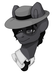 Size: 1500x2000 | Tagged: safe, artist:lazymishel, derpibooru import, oc, oc only, oc:mean streets, pony, fallout equestria, balefire blues, clothes, fedora, hat, monochrome, necktie, noir, simple background, solo, transparent background, wild wasteland