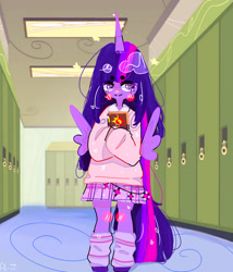 Size: 1280x1494 | Tagged: safe, artist:al-iii, derpibooru import, twilight sparkle, twilight sparkle (alicorn), alicorn, blush sticker, blushing, book, clothes, female, horn, lockers, ponied up, school, skirt, socks, solo, sweater, wg, wings