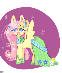 Size: 1280x1494 | Tagged: safe, artist:al-iii, derpibooru import, fluttershy, pegasus, pony, blush sticker, blushing, clothes, dress, eyebrows, eyebrows visible through hair, female, floating heart, flower, flower in hair, gala dress, heart, mare, shoes, solo