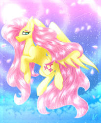 Size: 594x720 | Tagged: safe, artist:aber6823, derpibooru import, fluttershy, pegasus, pony, abstract background, female, flower petals, mare, solo, windswept mane