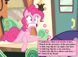 Size: 864x640 | Tagged: safe, derpibooru import, edit, edited screencap, screencap, pinkie pie, rarity, earth pony, pony, the last roundup, conductor when you receive a fare, cropped, crossed legs, ear worm, female, friendship express, intentional spelling error, mare, solo, thought bubble