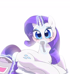 Size: 3858x4096 | Tagged: safe, artist:leo19969525, derpibooru import, rarity, pony, unicorn, comfort eating, eating, female, food, ice cream, lying down, magic, makeup, mare, marshmelodrama, rarity being rarity, running makeup, simple background, solo, spoon, telekinesis, white background