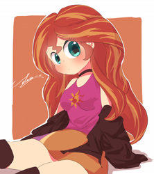 Size: 3200x3600 | Tagged: safe, artist:leo19969525, derpibooru import, sunset shimmer, equestria girls, breasts, cute, female, human coloration, sitting, sleeveless, solo