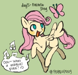 Size: 1110x1079 | Tagged: safe, artist:doggirlposting, derpibooru import, fluttershy, butterfly, pegasus, pony, februpony, female, filly, filly fluttershy, foal, green background, open mouth, simple background, singing, so many wonders, solo, younger