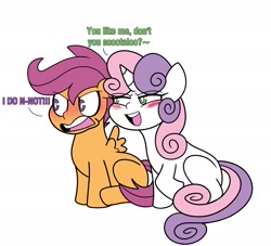 Size: 2048x1856 | Tagged: safe, artist:saucepit, derpibooru import, scootaloo, sweetie belle, pegasus, pony, unicorn, angry, blushing, female, filly, foal, just one bite, leaning, lesbian, looking to side, looking to the left, meme, open mouth, ponified, ponified meme, reference, scootabelle, scootere, shipping, simple background, spongebob squarepants, tsundere, white background, you like krabby patties don't you squidward?