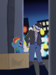 Size: 600x800 | Tagged: safe, artist:kushina13, derpibooru import, rainbow dash, human, pegasus, pony, fanfic:my little dashie, box, clothes, duo, female, filly, filly rainbow dash, foal, jacket, karamatsu, leather jacket, looking at each other, looking at someone, looking down, looking up, male, osomatsu-san, teary eyes, younger