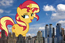 Size: 1878x1250 | Tagged: safe, artist:famousmari5, derpibooru import, sunset shimmer, pony, unicorn, female, giant pony, giant unicorn, giant/macro sunset shimmer, giantess, highrise ponies, irl, macro, manhattan, mare, mega giant, new york, new york city, photo, ponies in real life, story included