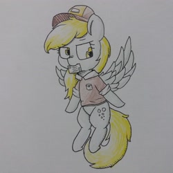 Size: 3072x3072 | Tagged: safe, artist:cherro, derpibooru import, derpy hooves, pegasus, pony, clothes, hat, mail, mouth hold, shirt, simple background, solo, traditional art, white background