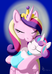 Size: 1200x1697 | Tagged: safe, artist:darkdabula, derpibooru import, princess cadance, princess flurry heart, alicorn, pony, baby, baby pony, eyes closed, female, filly, foal, mare, mother and child, mother and daughter, parent and child