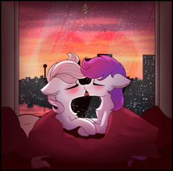 Size: 3040x3000 | Tagged: safe, artist:shepardinthesky, derpibooru import, oc, oc:lyrabop, oc:shepard, blanket, blushing, chest fluff, city, cityscape, holding hooves, holly, holly mistaken for mistletoe, kissing, making out, mistletoe