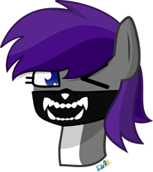 Size: 770x867 | Tagged: safe, artist:samsailz, derpibooru import, oc, oc only, pony, bust, commission, cute, fangs, looking at you, mask, one eye closed, portrait, simple background, solo, transparent background, wink, ych result, your character here