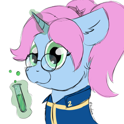 Size: 1024x1024 | Tagged: safe, artist:exobass, derpibooru import, oc, oc only, oc:stardust, pony, unicorn, fallout equestria, chemistry, clothes, commission, commissioner:appletree, glasses, magic, pigtails, simple background, sketch, solo, transparent background, vault suit