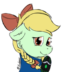 Size: 1024x1024 | Tagged: safe, artist:exobass, derpibooru import, oc, oc only, oc:appletree, earth pony, pony, fallout equestria, amputee, bow, braid, clothes, commission, commissioner:appletree, prosthetic leg, prosthetic limb, prosthetics, simple background, sketch, solo, transparent background, vault suit