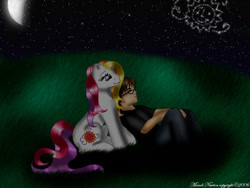 Size: 800x600 | Tagged: safe, artist:sassylilpanda, derpibooru import, sunny daze (g3), earth pony, human, g3, 2006, cute, female, glasses, male, night