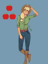 Size: 2048x2732 | Tagged: safe, artist:honeyroastedpeanut, derpibooru import, applejack, human, applejack's hat, belt, blue background, boots, clothes, cowboy boots, cowboy hat, female, freckles, hat, humanized, jeans, pants, shirt, shoes, simple background, solo