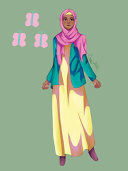 Size: 2048x2732 | Tagged: safe, artist:honeyroastedpeanut, derpibooru import, fluttershy, human, clothes, coat, dark skin, dress, female, flats, green background, headscarf, hijab, humanized, islam, islamashy, religion, scarf, shoes, simple background, solo