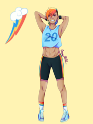 Size: 2048x2732 | Tagged: safe, artist:honeyroastedpeanut, derpibooru import, rainbow dash, human, abs, alternate hairstyle, armpits, belly button, clothes, ear piercing, earring, female, grin, humanized, jewelry, midriff, piercing, rainbow socks, shoes, shorts, simple background, smiling, sneakers, socks, solo, sports shorts, striped socks, sweatband, yellow background